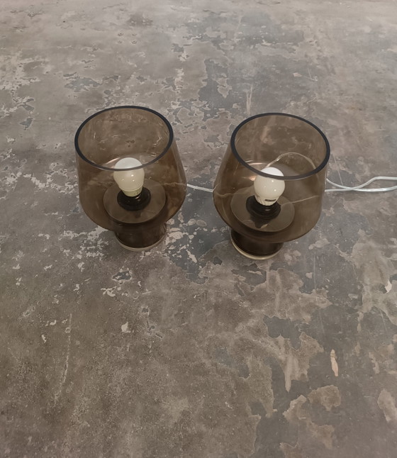 Image 1 of 2 x brown glass mushroom table lamps 