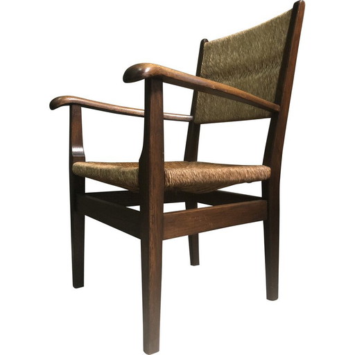 Vintage armchair in oak and rush, Netherlands 1930