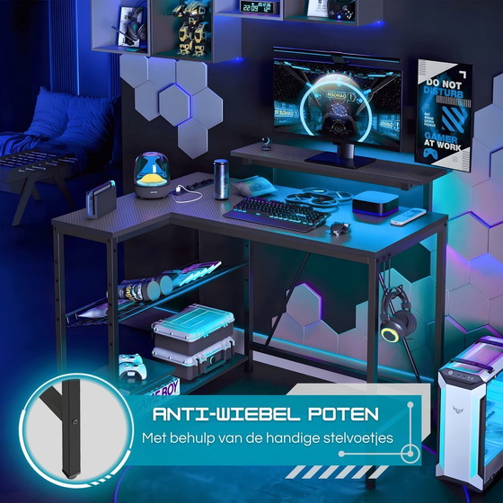 Image 1 of Five Stars® L-Shaped Game Desk - 107x80x76 cm - Game Desk with LED Lighting - Black Carbon - Corner Desk