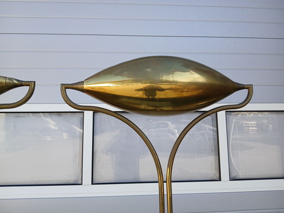 Rare pair (2x) Vintage Florian Schulz 'Dona' Brass Uplighters (1979), Floor lights, Stone, Gold (photo 5 of 10)