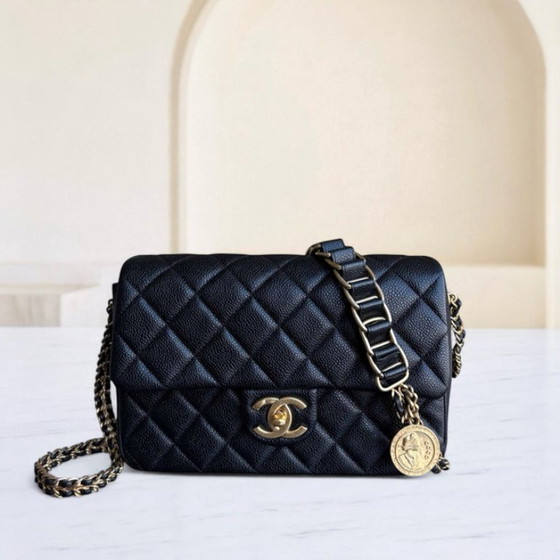 Image 1 of Chanel Seasonal Flap Bag - Caviar Quilted Medallion Soul Black Caviar Gold Hardware Microchip