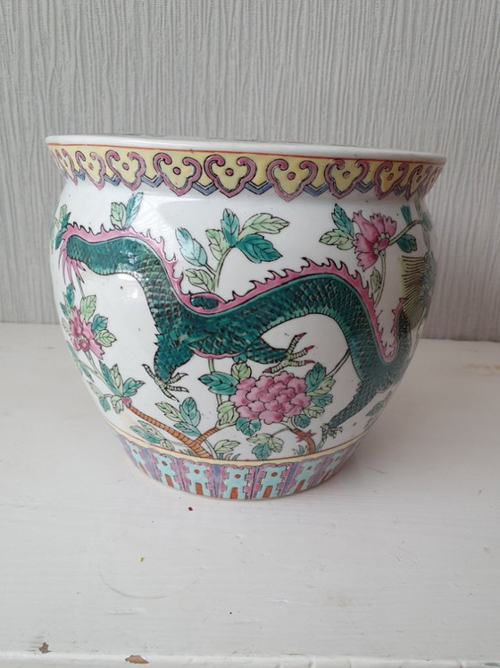 Image 1 of Chinese Flowerpot – Famille Rose (Dragon & Phoenix) – 21x18cm