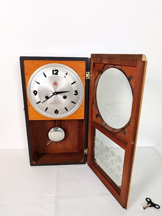 Image 1 of Vintage Wall Clock "555" Triple Five Mechanical  / Working Shanghai China Retro Clock / Mid Century Modern Wood Decor