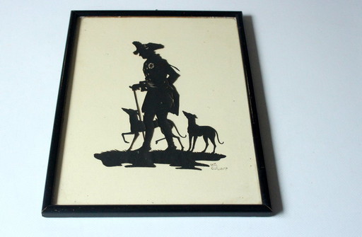 Silhouet antieke Lotte Gützlaff - ca. 1910 - met de hand gesigneerd - "Der Alte Fritz mit Windhunden".
