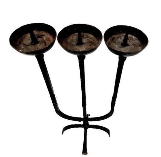 Image 1 of Portacandele triplo grande in ferro battuto antico lavorato a mano