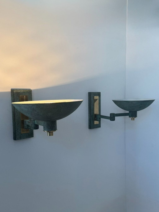 Set van twee vintage verstelbare messing wandlampen met groene bronzen patina, Frankrijk, 1970 – Brass (photo 2 of 7)