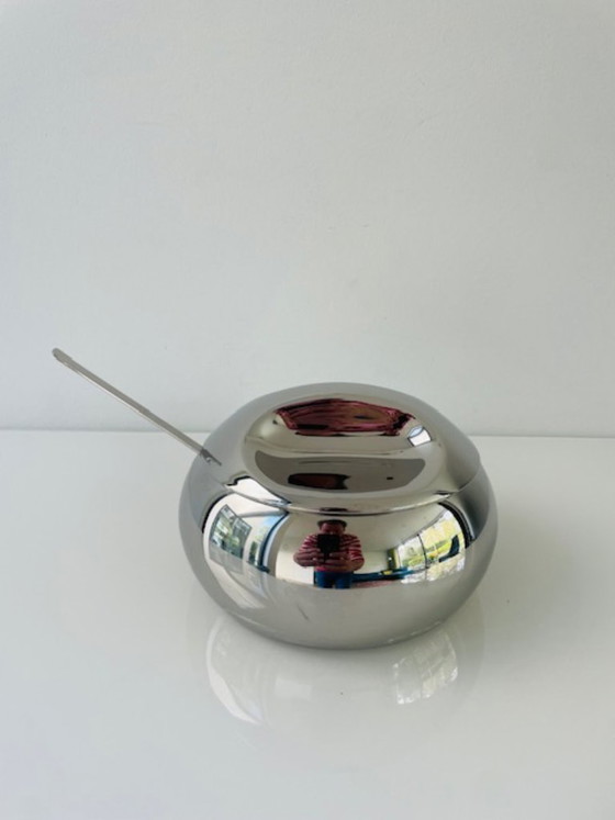 Image 1 of Vintage space age stainless steel sugar bowl with spoon – Tramontina design