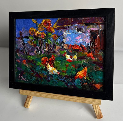 Origineel olieverfschilderij: Landelijk landschap, dorp, zonsondergang. De dag loopt ten einde.