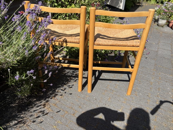 Image 1 of Ensemble de 2 tabourets de bar vintage des années 50 avec assises en jonc