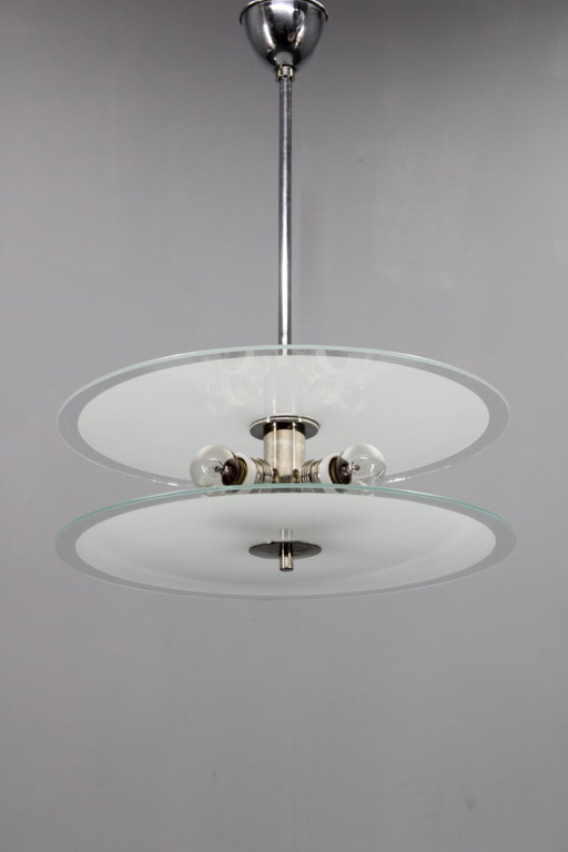 1930s Bauhaus Chrome and Glass Chandelier, Czechoslovakia