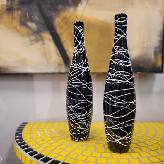 Image 1 of Paar "schwarz-weiße" Vasen, Glas, 70er Jahre - Frankreich