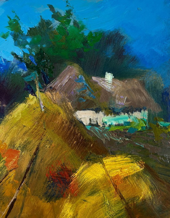 Image 1 of Original Oil Painting Rural Day Landscape Summer Village Life