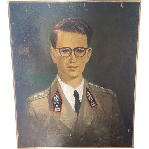 Vintage olieverf op isorel "Portret van zijne Majesteit Boudewijn I" door Pierre Piget, 1954