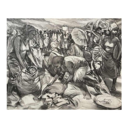 Denis Matemo, Scène de Marché, Fusain sur Toile, 2016