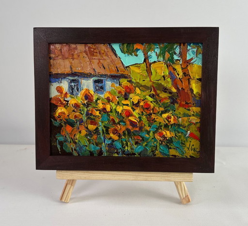 Original Oil Painting Village Flowers Landscape Yellow song of summer