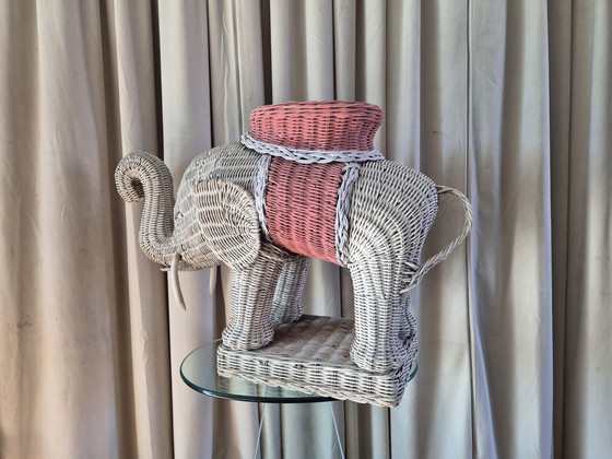 Image 1 of Vintage white and pink wicker elephant