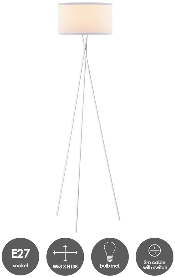 White Tripod Floor Light 138 cm E27, Home Sweet Home, Metal, Textile, Hedendaags (photo 3 of 5)