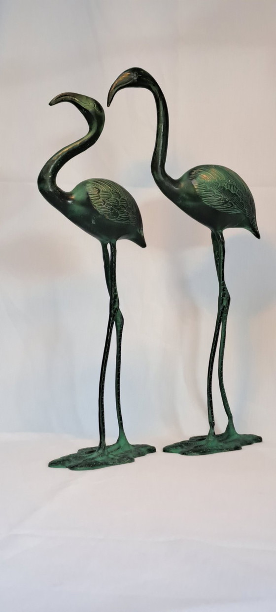 Due sculture di fenicotteri in ottone patinato verde, Oggetti decorativi, 1980 (foto 3 di 16)