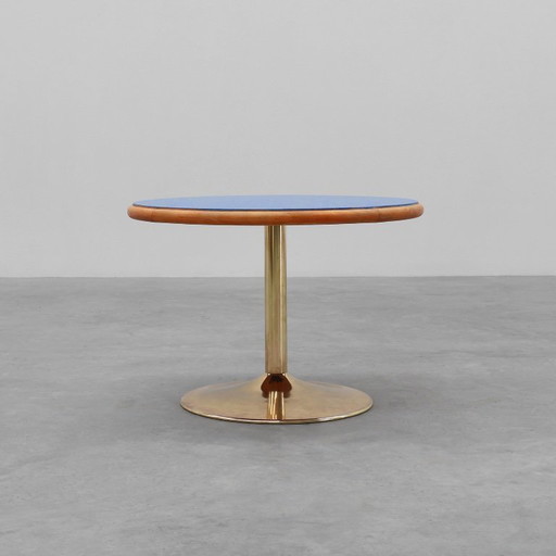 Table basse ronde vintage tulipe à plateau bleu, France vers 1960