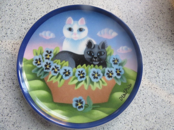 Ensemble de 4 plateaux à bijoux Arzberg Germany avec pot à couvercle, motif chat par Kathia. Vintage (photo 6 of 17)