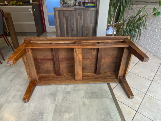 Image 1 of Rustic farmhouse coffee table in solid wood with 2 drawers, circa 1930