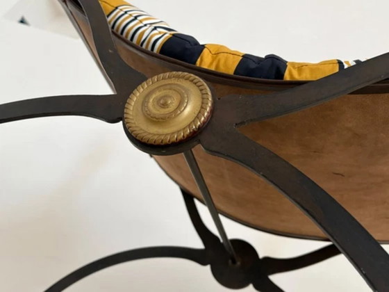 X-shaped seat in wrought iron, brass, and leather, 1920s-1930s, Stools (photo 6 of 11)