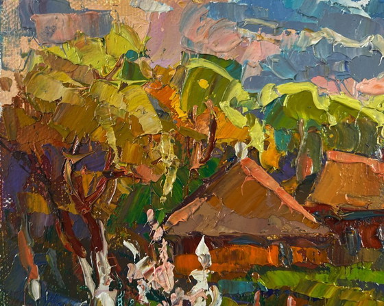 Image 1 of Original Oil Painting Evening Village Landscape Light and joy in every breath of air