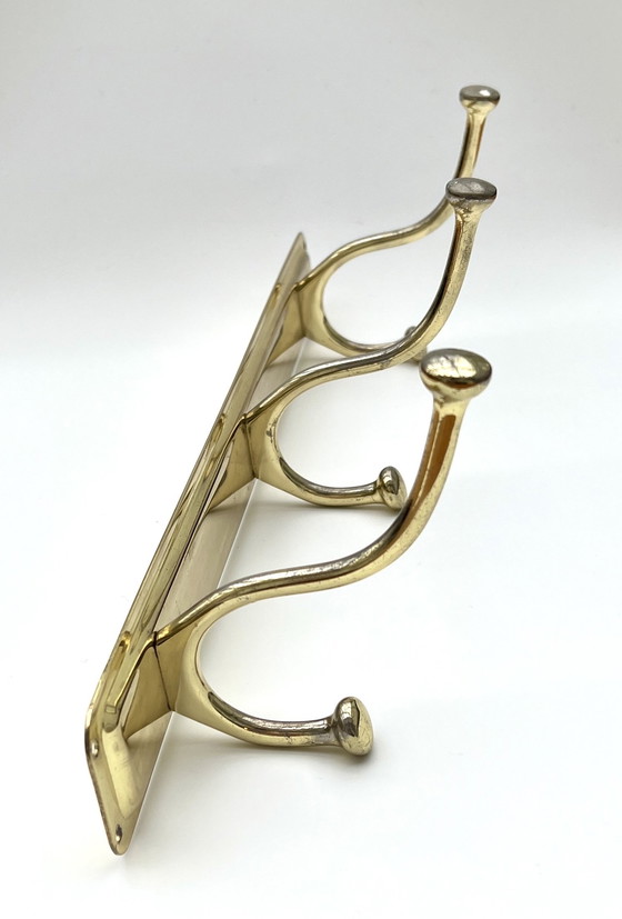 Image 1 of Perchero de pared de latón pulido con tres ganchos dobles, década de 1970-1980