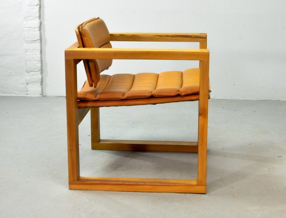 Image 1 of Brutalist Ate van Apeldoorn Dutch Design Cognac Leather Cubic Pinewood Side Chair for Houtwerk Hattem. The Netherlands, 1970s.