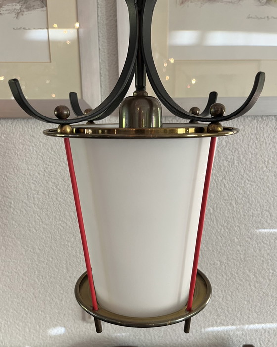 Image 1 of Unique Italian vintage pendant lamp | 1950s | Wrought iron, brass & opaline glass