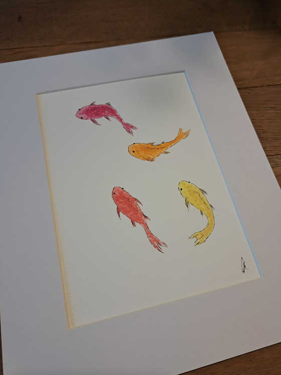 Image 1 of Watercolor painting mini Koi Carp | Black frame
