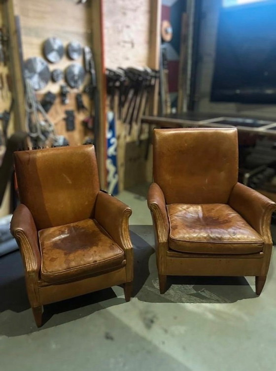 Image 1 of Ensemble de fauteuils/fauteuils club vintage en cuir, avec dossiers hauts et bas.