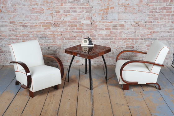 Een paar gerestaureerde art-deco fauteuils, walnoothout, leer, opnieuw gepolijst, Tsjechisch, jaren 1930 (photo 6 of 11)