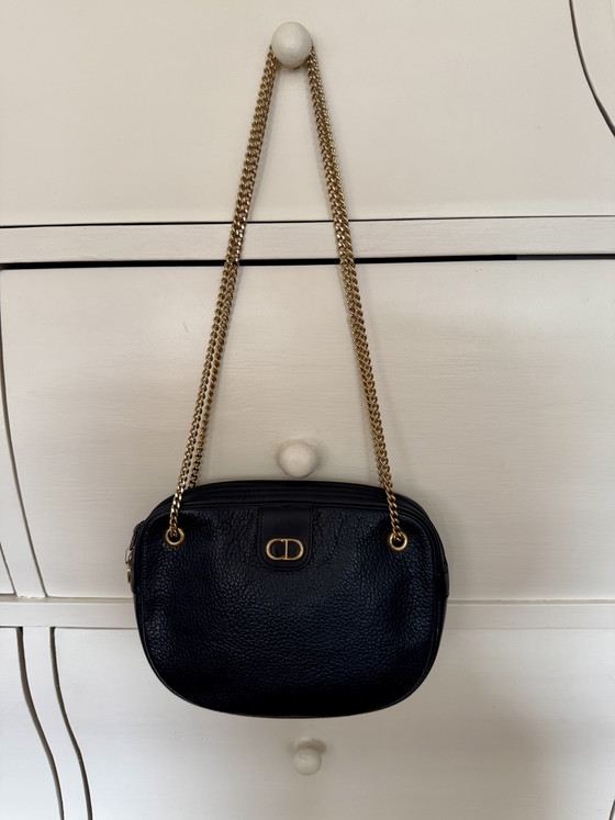 Vintage Christian Dior Schoudertas van Marineblauw Leer en Gouden Ketting – Schoudertassen, Calfskin (photo 2 of 11)