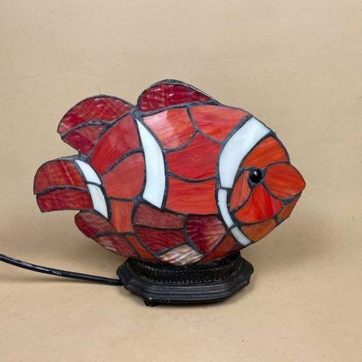 Tiffany Style Clown Fish Lamp Light Bedside Table Patterned Glass Shade Metal Base Brass Antique Pattern Vintage Lampshade Multi