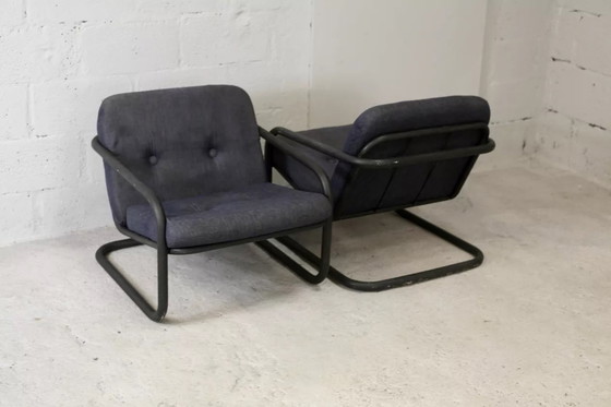 Image 1 of 2x Fauteuils Édition Prisunic Acier Tubulaire et Coussins Mousses, France, 1973