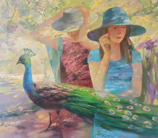 Originales Ölgemälde, abstrakte figurative Darstellung einer Frau in der Natur am Mittag – schilderijen tekeningen, Canvas