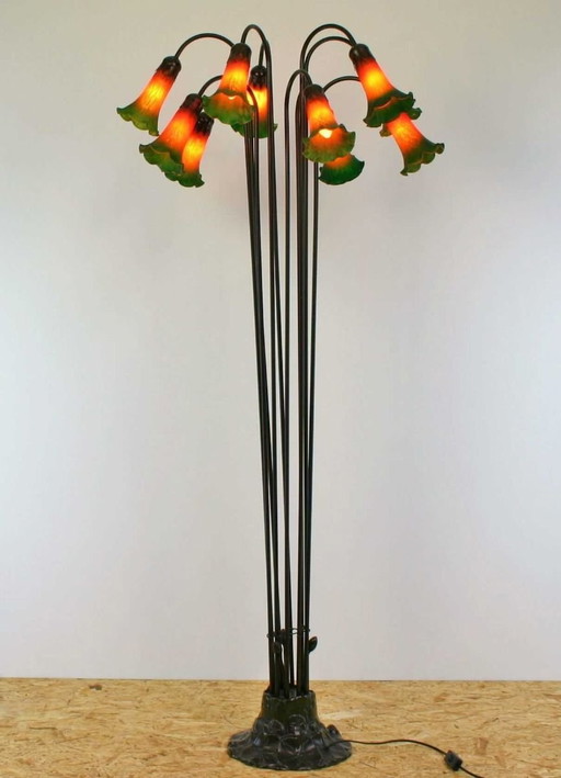Large Art Nouveau Lily Floor Lamp in Tiffany Style | 10 Light Points | Paste Glass