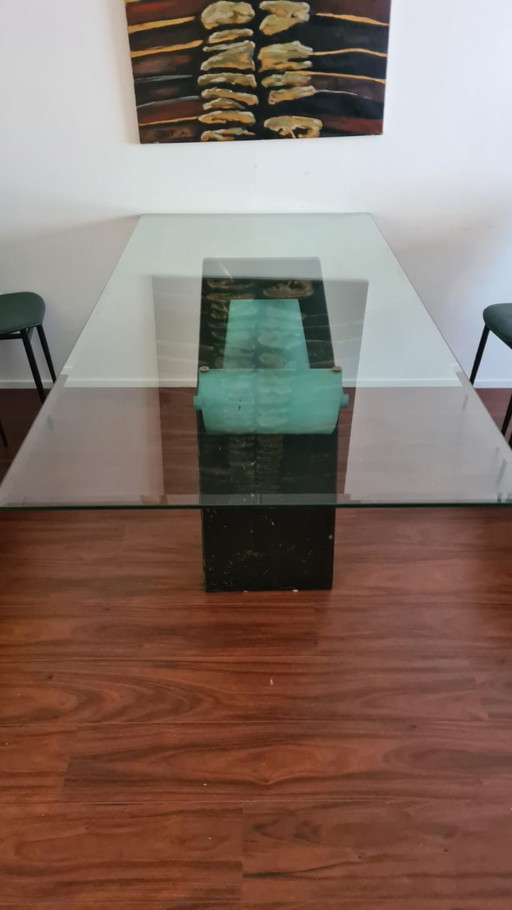 Dining Table With Glass Top, Marble And Copper Base
