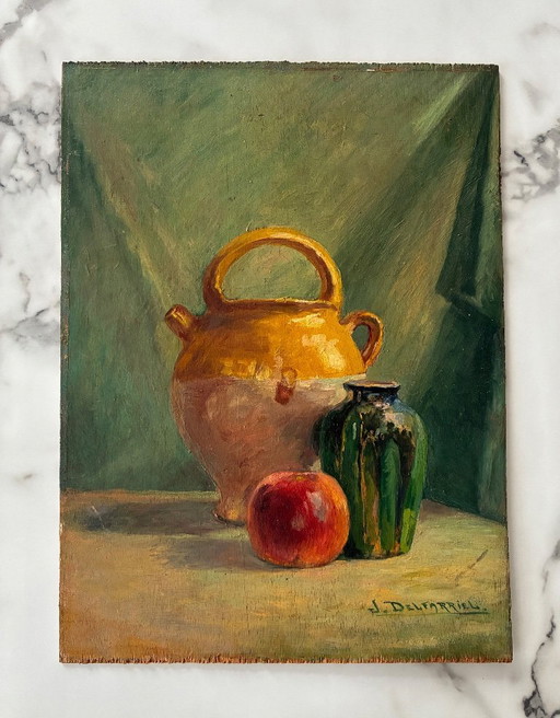 Óleo sobre madera contrachapada antigua, naturaleza muerta