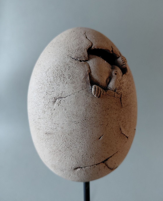 Exclusive Handmade Ceramic Sculpture, 'New Life' on Museum Base, Beige (photo 7 of 7)
