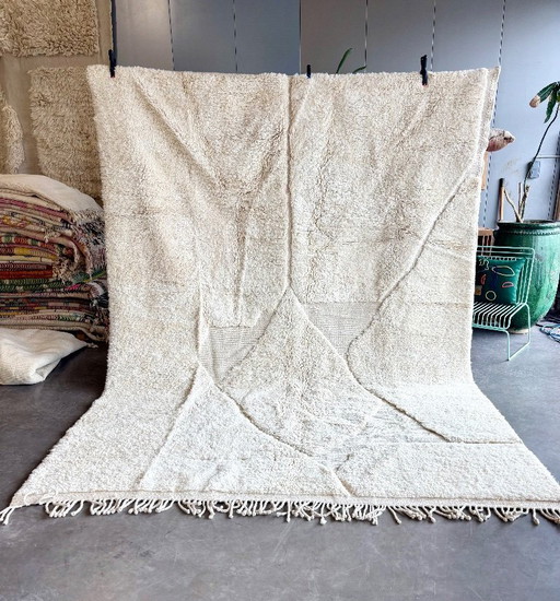 Tapis marocain noué à la main 260x350 cm - Tapis Beni ourain blanc - Tapis berbère tout laine