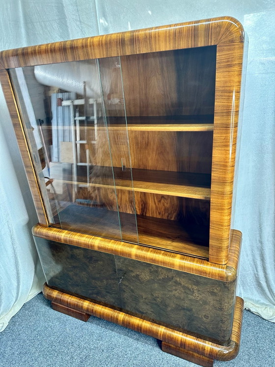 Antique Art Deco Style Display Cabinet Burr Walnut 1920s/30s, Wood, Brown (photo 10 of 15)