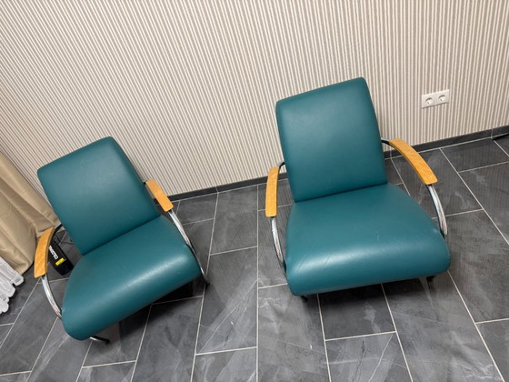 2x Gelderland Gelria Leather Armchairs – Vintage – Teal/Dark Petrol – Wood (photo 6 of 6)
