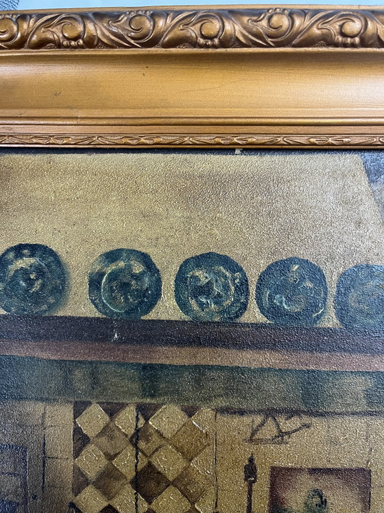 Antique oil painting on wooden panel (1920) – Signed – Interior with fireplace – Includes original frame (photo 3 of 10)