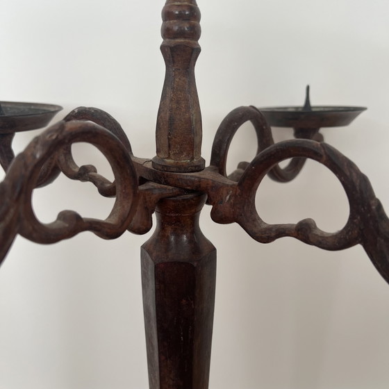 Antieke/Vintage 5-Armige Kandelaar – Metaal Met Verweerde Patina – Kandelaars en kaarsen, Iron, Metal (photo 3 of 5)