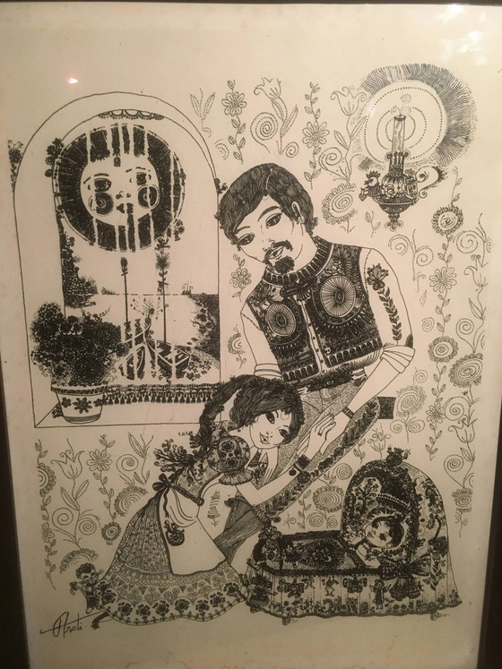 Illustration/signierter Papierdruck, gerahmt, 60er/70er Jahre – Gemälde & Zeichnungen, Paper, Vintage (photo 5 of 10)