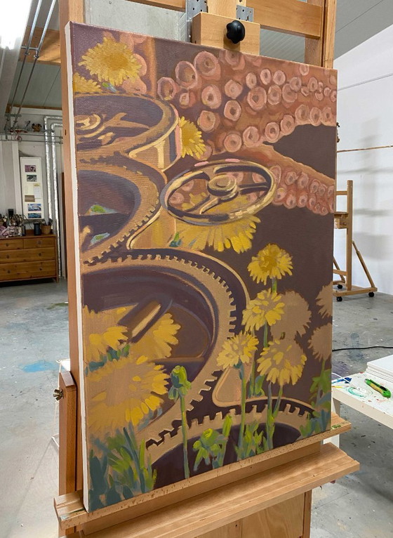 Image 1 of Zahnräder und Oktopus, Öl auf Leinwand, 100 x 70 cm, Sandra Kolondam