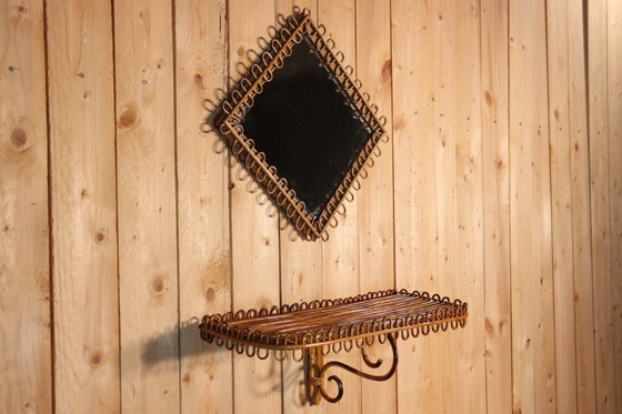 Image 1 of Spiegel en rotan standaard van Franco Albini, Italië 1960