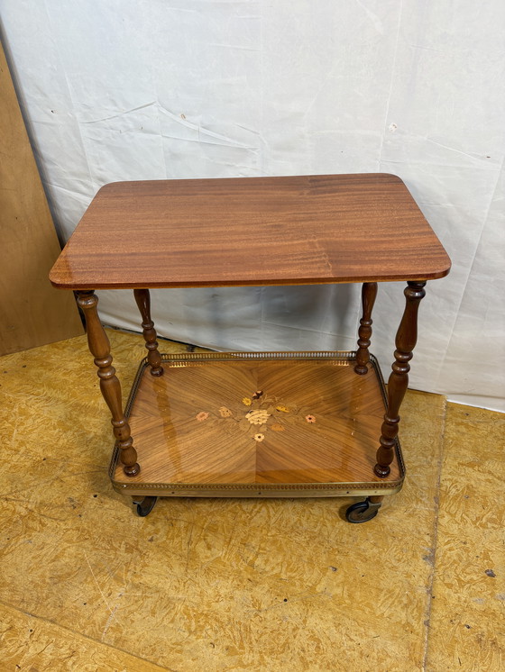 Image 1 of Vintage Italian Inlaid Wood Serving Trolley with Removable Tray Mid-20th Century  A wonderfully elegant piece of mid-century Ita